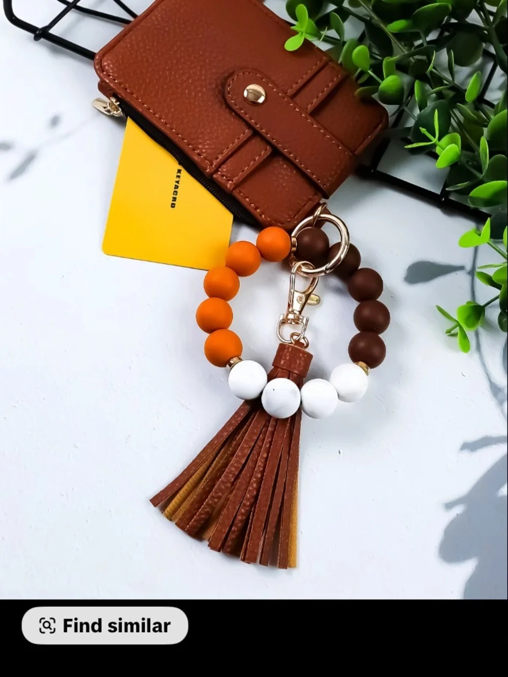 Dark Brown Leather Wristlet Keychain with Orange and White Beads